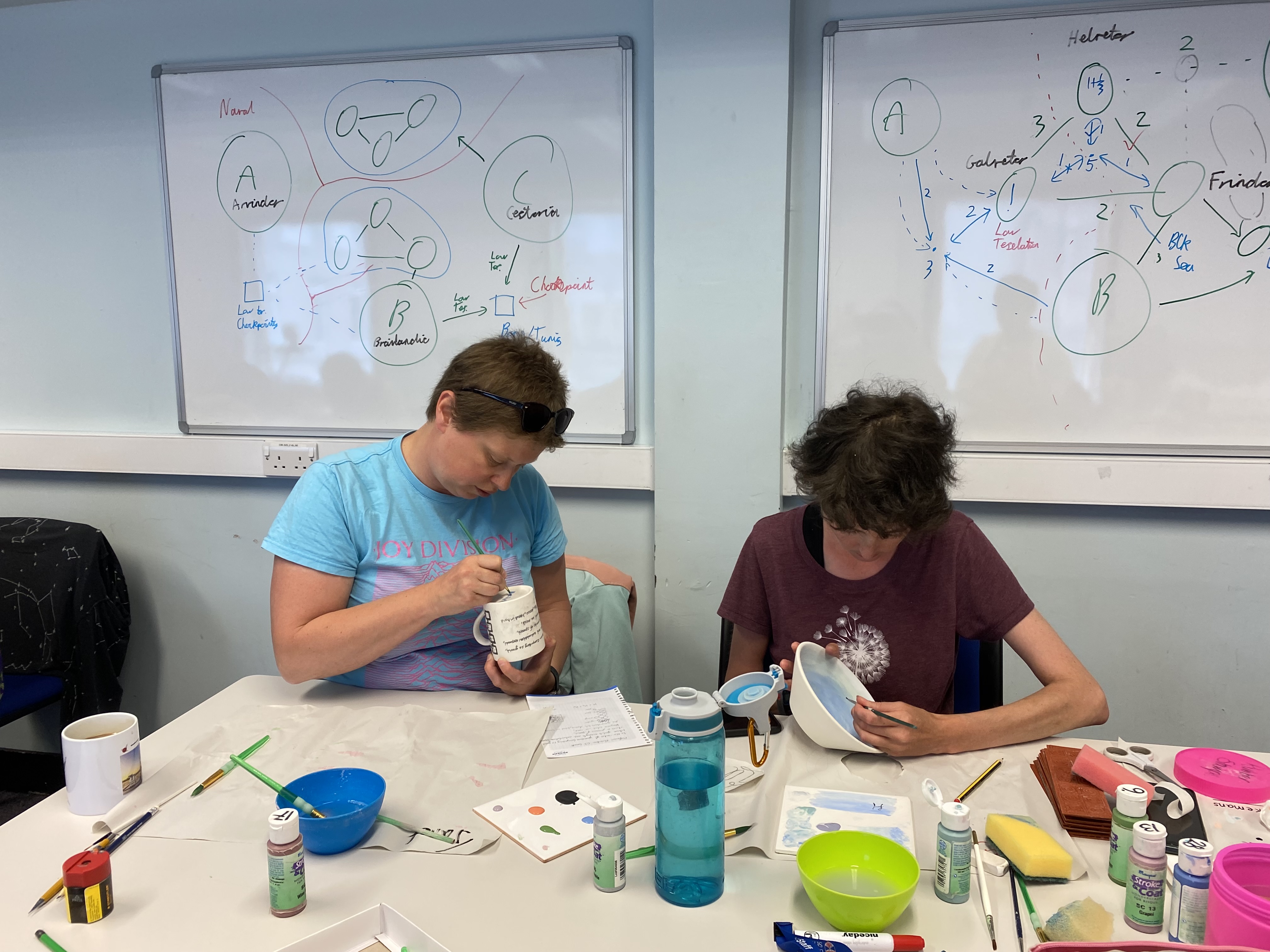Janet and Dr Helen Cammack painting pottery, photo courtesy of Professor Natalia Korolokova